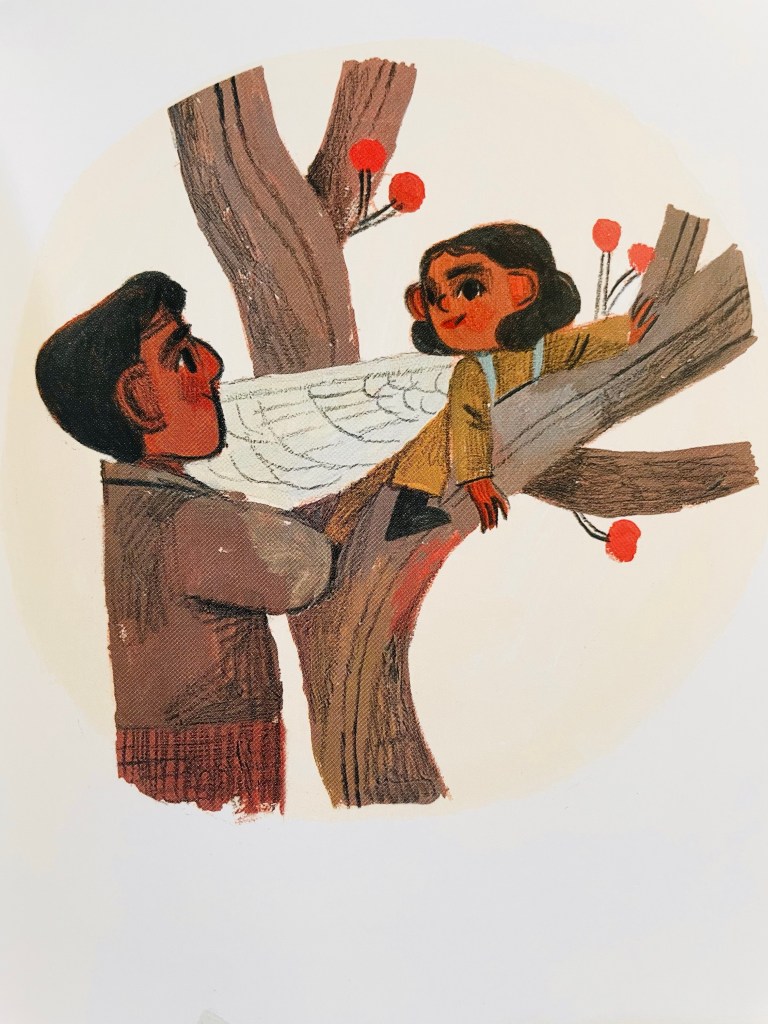 Illustration from Loujain Dreams of Sunflowers : loujain on a tree, with her wings on, eyes level with her baba, they look fondly at each other.